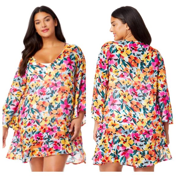 Anne Cole Gradient Floral Flounce V-Neck Tunic Swimsuit Cover-Up | Size 14-16 - Picture 3 of 3